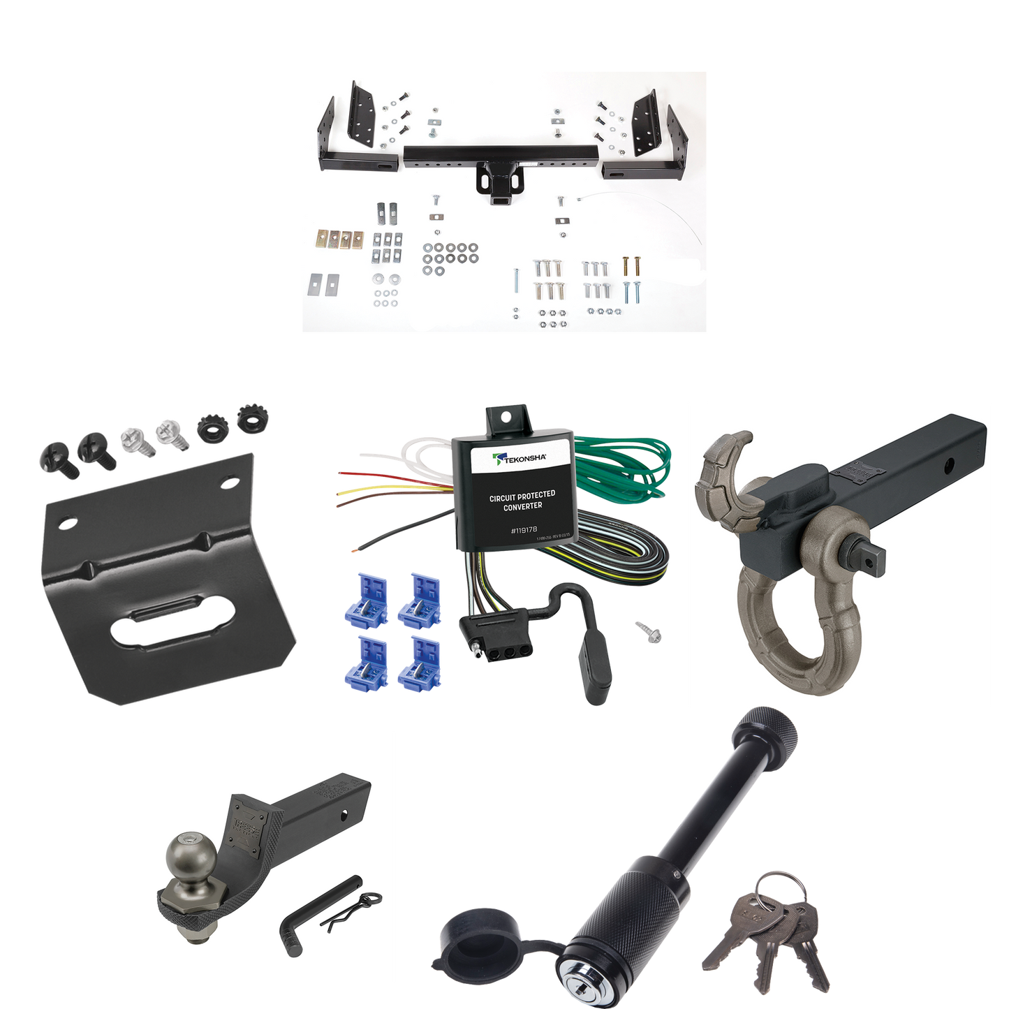 Fits 1984-1996 Jeep Cherokee Trailer Hitch Tow PKG w/ 4-Flat Wiring + Interlock Tactical Starter Kit w/ 2" Drop & 2" Ball + Tactical Hook & Shackle Mount + Tactical Dogbone Lock + Wiring Bracket By Reese Towpower