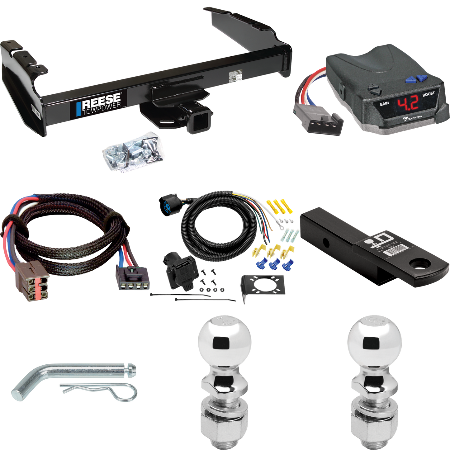 Fits 1997-1997 Ford F-250 HD Trailer Hitch Tow PKG w/ Tekonsha BRAKE-EVN Brake Control + Plug & Play BC Adapter + 7-Way RV Wiring + 2" & 2-5/16" Ball & Drop Mount By Reese Towpower