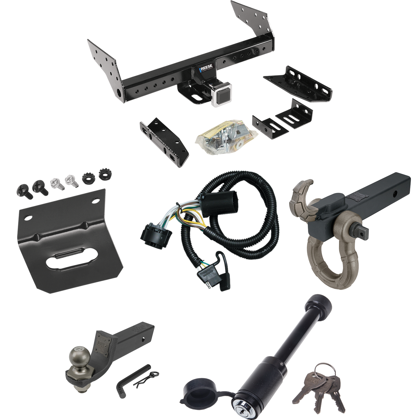 Fits 2000-2006 GMC Yukon XL 1500 Trailer Hitch Tow PKG w/ 4-Flat Wiring + Interlock Tactical Starter Kit w/ 2" Drop & 2" Ball + Tactical Hook & Shackle Mount + Tactical Dogbone Lock + Wiring Bracket By Reese Towpower