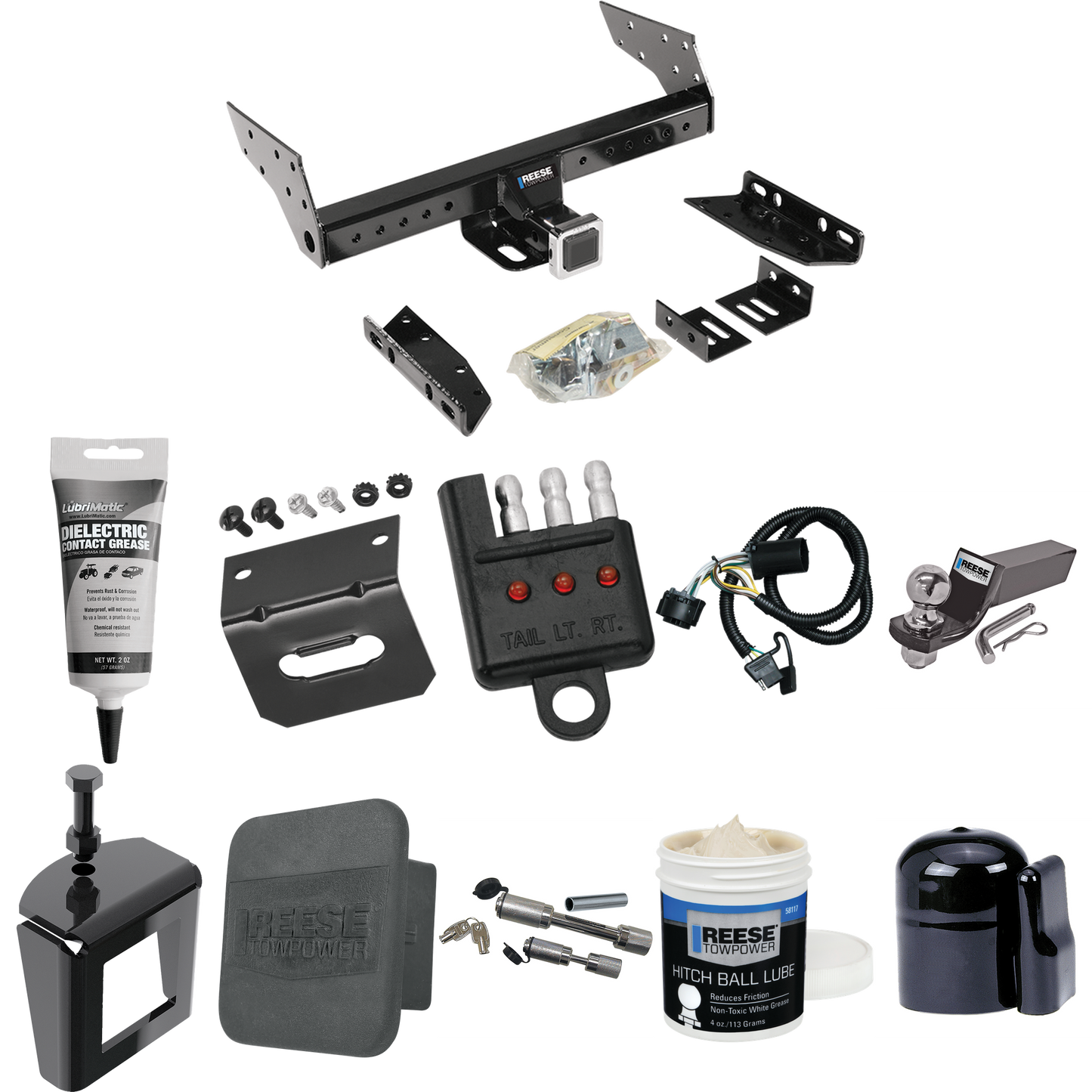 Fits 2000-2006 GMC Yukon XL 2500 Trailer Hitch Tow PKG w/ 4-Flat Wiring + Starter Kit Ball Mount w/ 2" Drop & 2" Ball + 1-7/8" Ball + Wiring Bracket + Dual Hitch & Coupler Locks + Hitch Cover + Wiring Tester + Ball Lube + Electric Grease + Ball Wrenc