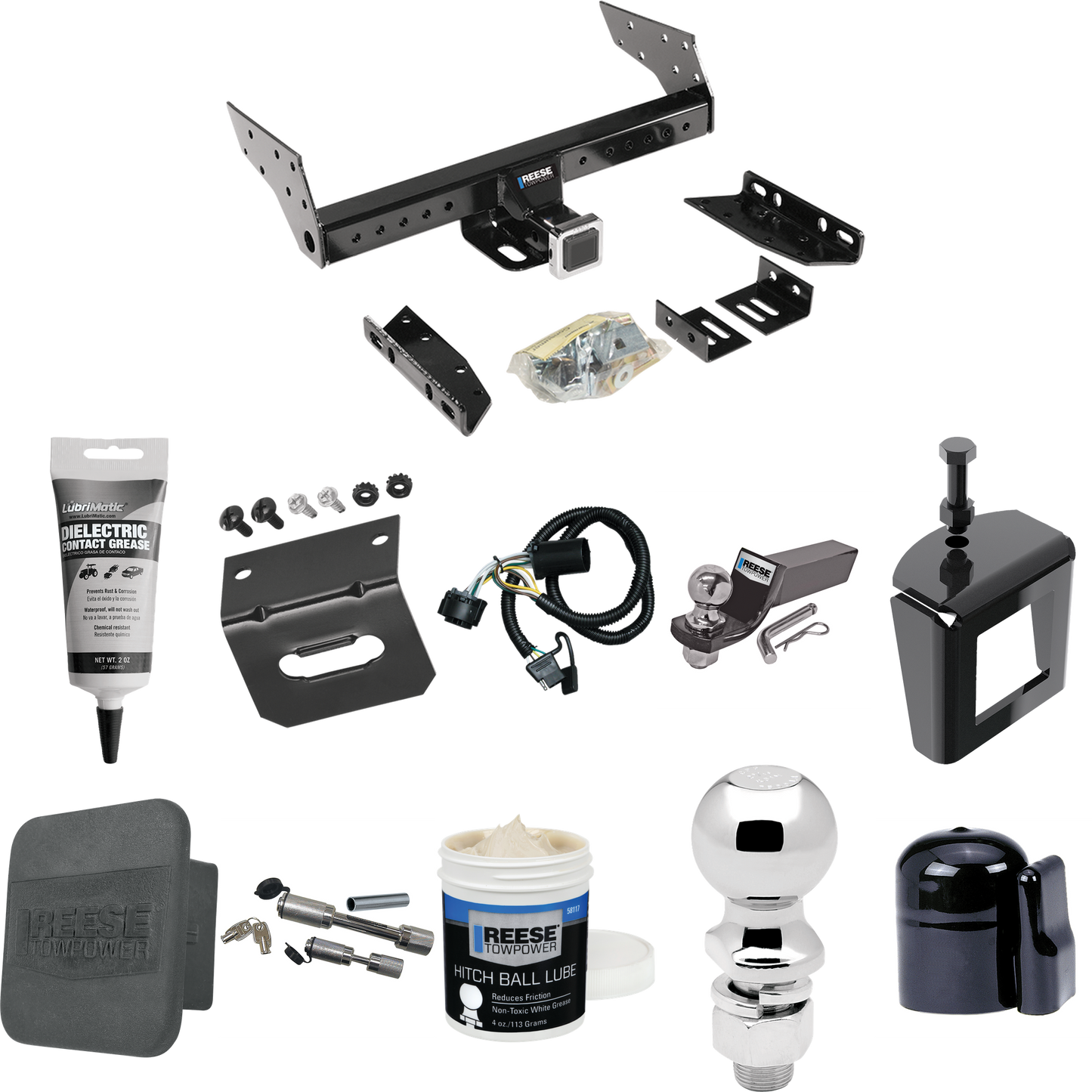 Fits 2000-2006 Chevrolet Suburban 1500 Trailer Hitch Tow PKG w/ 4-Flat Wiring + Starter Kit Ball Mount w/ 2" Drop & 2" Ball + 2-5/16" Ball + Wiring Bracket + Dual Hitch & Coupler Locks + Hitch Cover + Wiring Tester + Ball Lube +Electric Grease + Ball