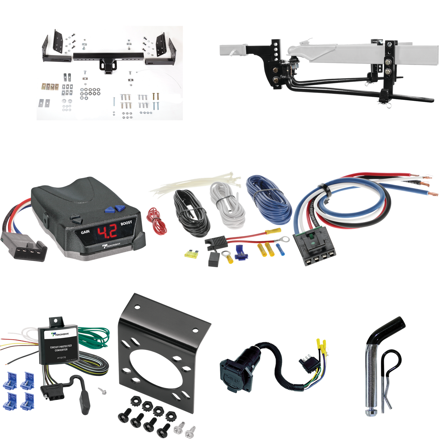 Fits 1984-1996 Jeep Cherokee Trailer Hitch Tow PKG w/ 6K Round Bar Weight Distribution Hitch w/ 2-5/16" Ball + Pin/Clip + Tekonsha BRAKE-EVN Brake Control + Generic BC Wiring Adapter + 7-Way RV Wiring By Reese Towpower