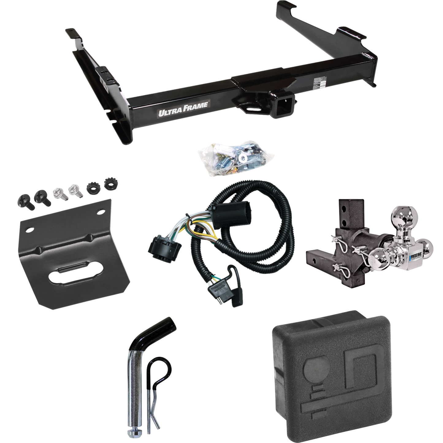 Fits 2001-2002 GMC Yukon XL 1500 Denali Trailer Hitch Tow PKG w/ 4-Flat Wiring Harness + Adjustable Drop Rise Triple Ball Ball Mount 1-7/8" & 2" & 2-5/16" Trailer Balls + Pin/Clip + Hitch Cover + Wiring Bracket By Draw-Tite