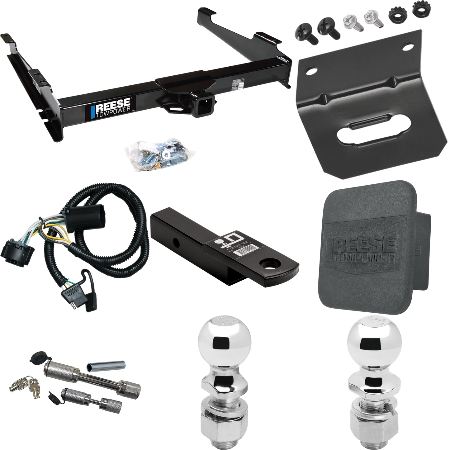 Fits 2000-2006 GMC Yukon XL 2500 Trailer Hitch Tow PKG w/ 4-Flat Wiring Harness + Ball Mount w/ 2" Drop + Dual Hitch & Coupler Locks + 2" Ball + 2-5/16" Ball + Hitch Cover + Wiring Bracket By Reese Towpower