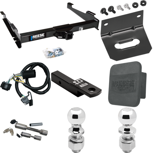 Fits 2000-2006 GMC Yukon XL 2500 Trailer Hitch Tow PKG w/ 4-Flat Wiring Harness + Ball Mount w/ 2" Drop + Dual Hitch & Coupler Locks + 2" Ball + 2-5/16" Ball + Hitch Cover + Wiring Bracket By Reese Towpower