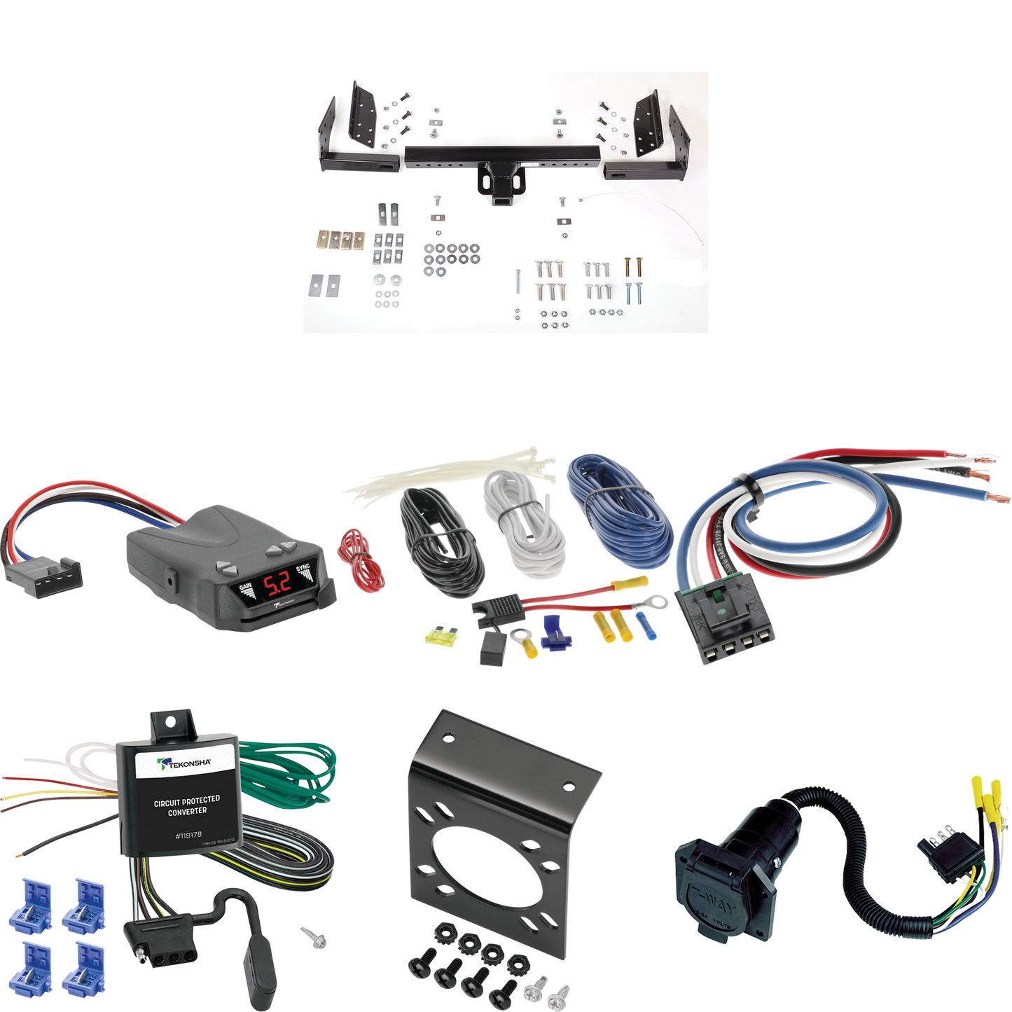 Fits 1984-1996 Jeep Cherokee Trailer Hitch Tow PKG w/ Tekonsha Brakeman IV Brake Control + Generic BC Wiring Adapter + 7-Way RV Wiring By Reese Towpower