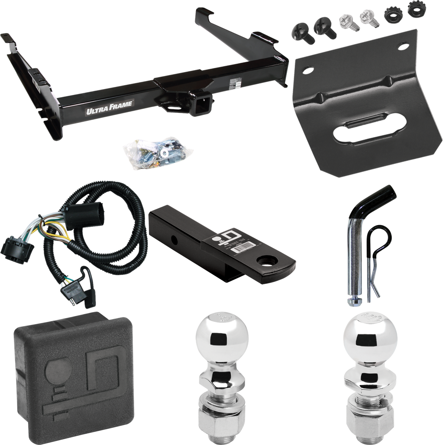 Se adapta al paquete de enganche de remolque GMC Yukon XL 2500 2000-2006 con arnés de cableado de 4 planos + soporte de bola con caída de 2" + pasador/clip + bola de 2" + bola de 2-5/16" + cubierta de enganche + soporte de cableado dibujar-tite