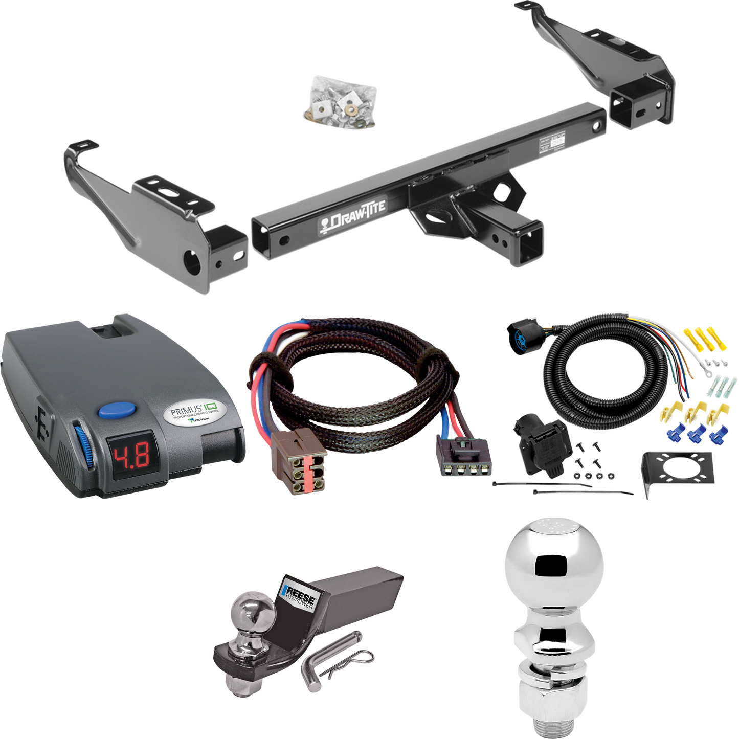 Fits 1994-1996 Ford F-250 Trailer Hitch Tow PKG w/ Tekonsha Primus IQ Brake Control + Plug & Play BC Adapter + 7-Way RV Wiring + 2" & 2-5/16" Ball & Drop Mount By Draw-Tite