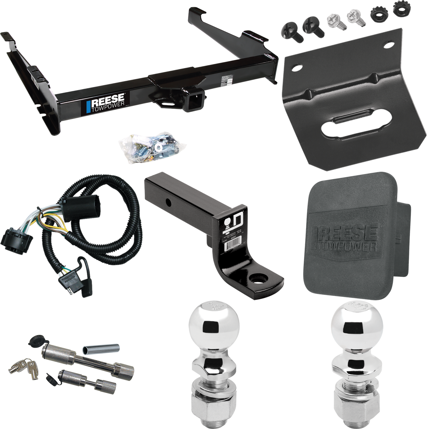 Fits 2001-2002 GMC Yukon XL 1500 Denali Trailer Hitch Tow PKG w/ 4-Flat Wiring Harness + Ball Mount w/ 4" Drop + Dual Hitch & Coupler Locks + 2" Ball + 2-5/16" Ball + Hitch Cover + Wiring Bracket By Reese Towpower