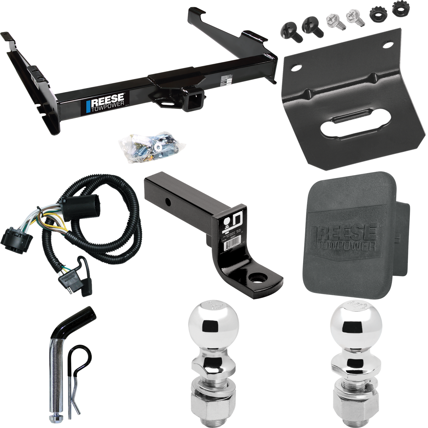 Fits 2001-2002 GMC Yukon XL 1500 Denali Trailer Hitch Tow PKG w/ 4-Flat Wiring Harness + Ball Mount w/ 4" Drop + Pin/Clip + 2" Ball + 2-5/16" Ball + Hitch Cover + Wiring Bracket By Reese Towpower