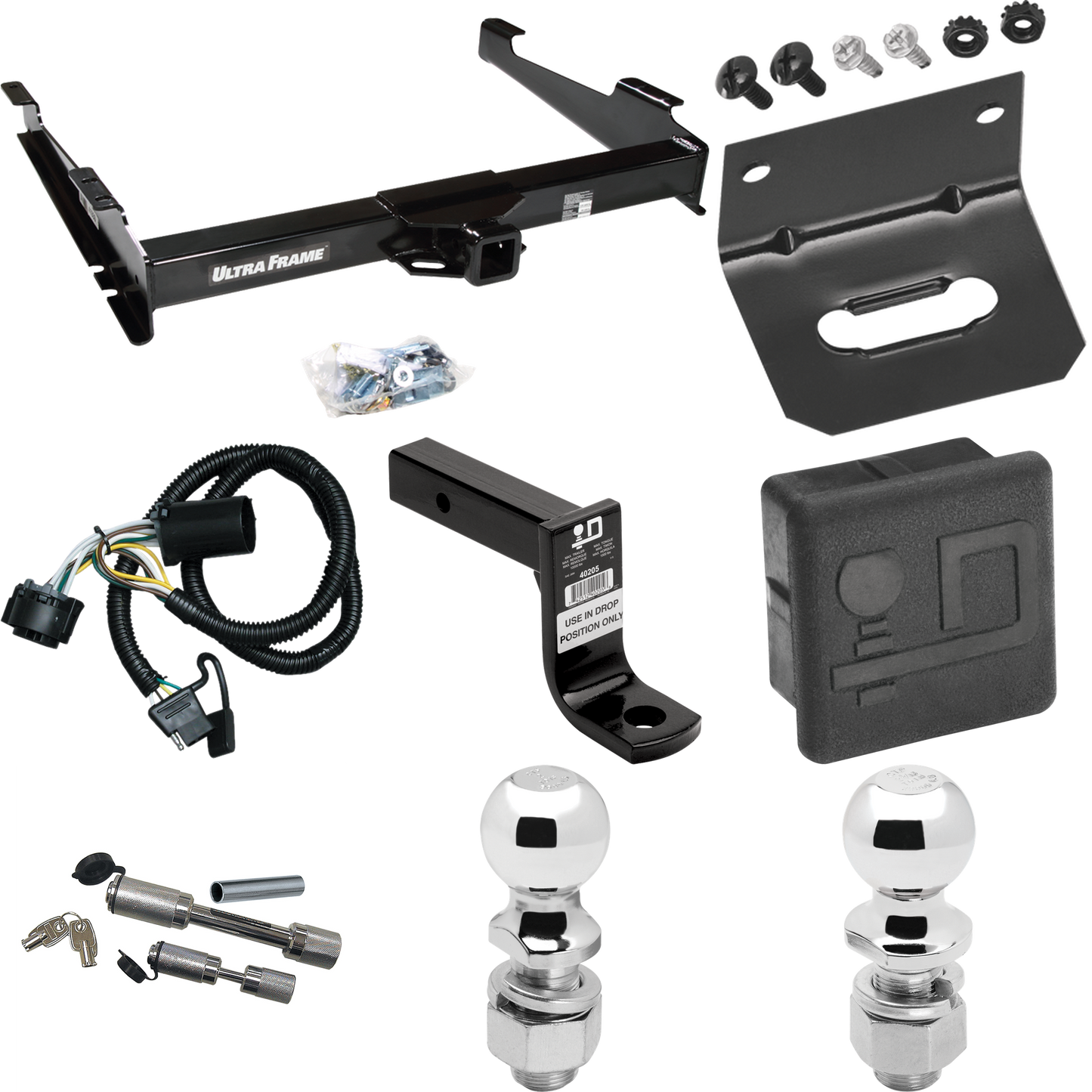 Fits 2000-2006 GMC Yukon XL 2500 Trailer Hitch Tow PKG w/ 4-Flat Wiring Harness + Ball Mount w/ 6" Drop + Dual Hitch & Coupler Locks + 2" Ball + 2-5/16" Ball + Hitch Cover + Wiring Bracket By Draw-Tite