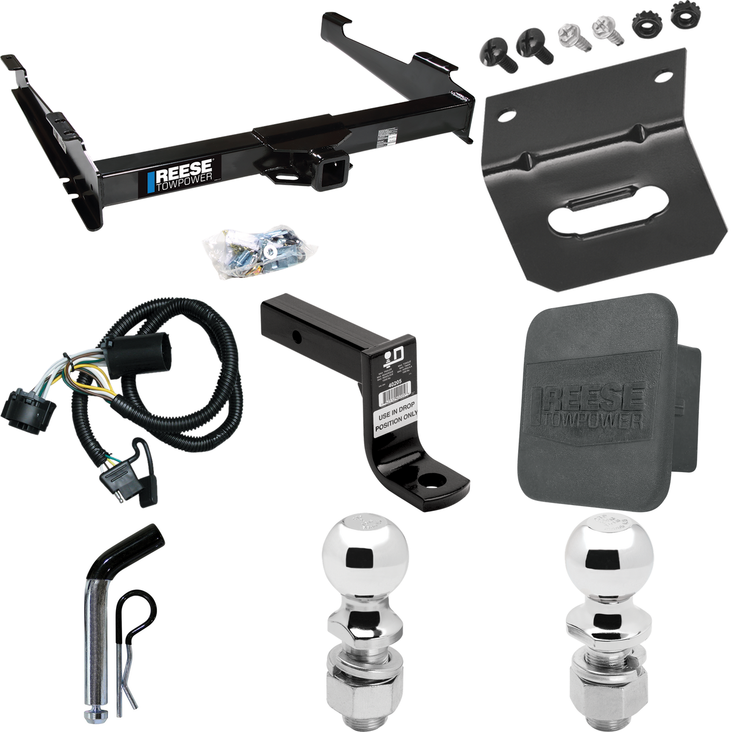 Fits 2001-2002 GMC Yukon XL 1500 Denali Trailer Hitch Tow PKG w/ 4-Flat Wiring Harness + Ball Mount w/ 6" Drop + Pin/Clip + 2" Ball + 2-5/16" Ball + Hitch Cover + Wiring Bracket By Reese Towpower