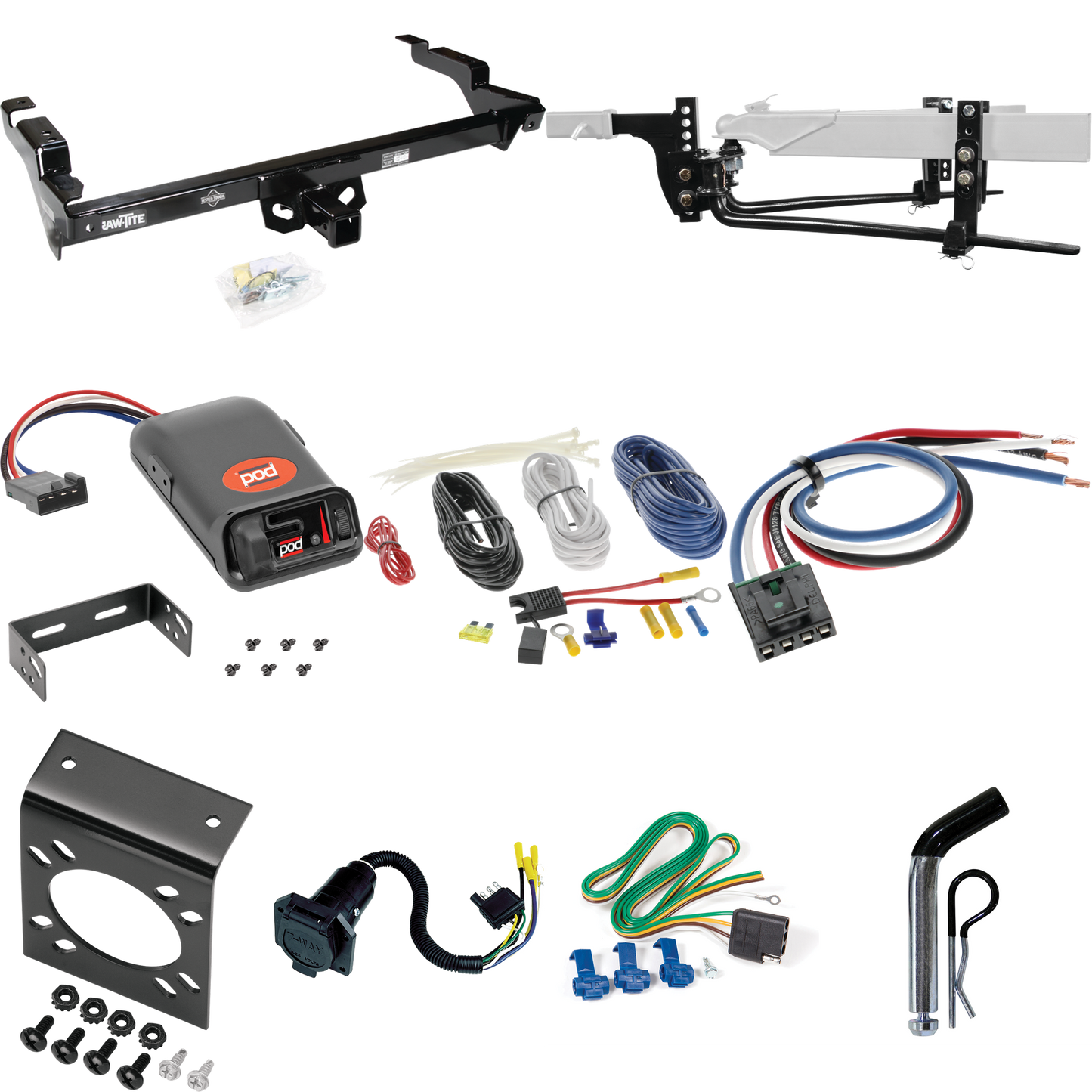 Fits 1996-1996 Chevrolet G30 Trailer Hitch Tow PKG w/ 11.5K Round Bar Weight Distribution Hitch w/ 2-5/16" Ball + Pin/Clip + Pro Series POD Brake Control + Generic BC Wiring Adapter + 7-Way RV Wiring (For Classic & Sport w/Lo-Mount Taillights Models)