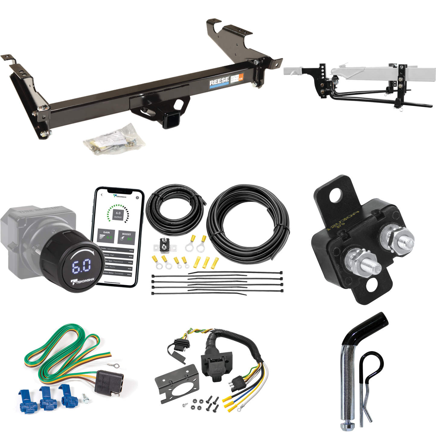 Fits 1978-1995 Chevrolet G30 Trailer Hitch Tow PKG w/ 11.5K Round Bar Weight Distribution Hitch w/ 2-5/16" Ball + Pin/Clip + Tekonsha Prodigy iD Bluetooth Wireless Brake Control + 7-Way RV Wiring By Reese Towpower