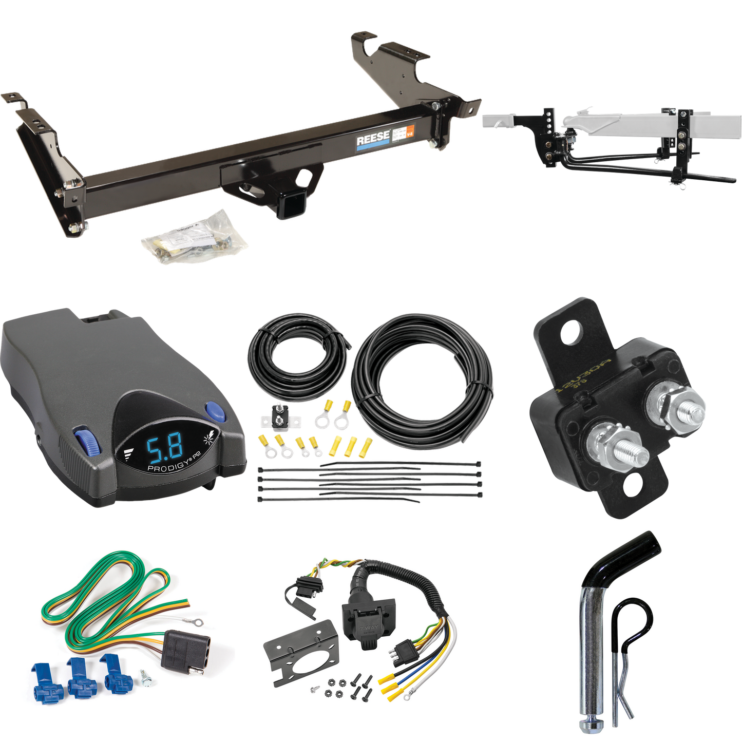 Fits 1979-1995 GMC G3500 Trailer Hitch Tow PKG w/ 11.5K Round Bar Weight Distribution Hitch w/ 2-5/16" Ball + Pin/Clip + Tekonsha Prodigy P2 Brake Control + 7-Way RV Wiring By Reese Towpower