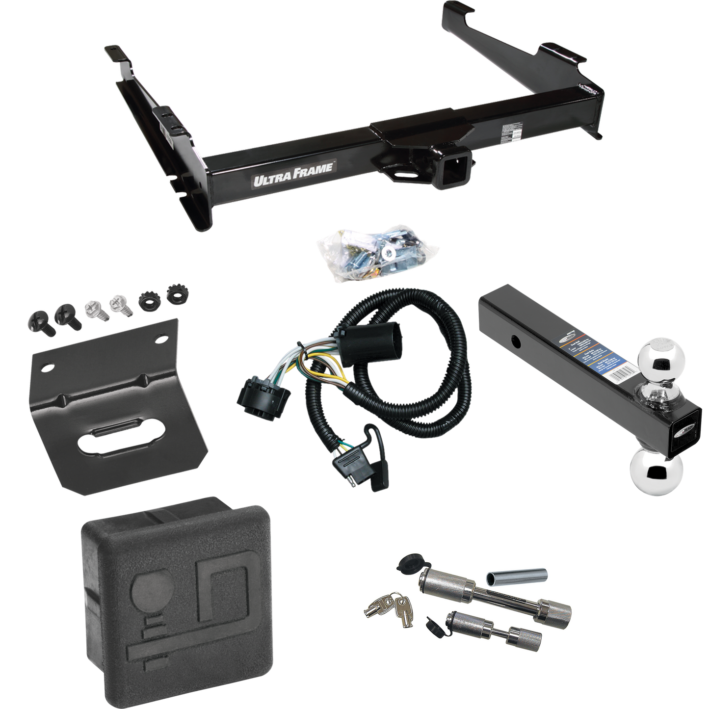 Fits 2000-2006 GMC Yukon XL 2500 Trailer Hitch Tow PKG w/ 4-Flat Wiring Harness + Dual Ball Ball Mount 2" & 2-5/16" Trailer Balls + Dual Hitch & Coupler Locks + Hitch Cover + Wiring Bracket By Draw-Tite