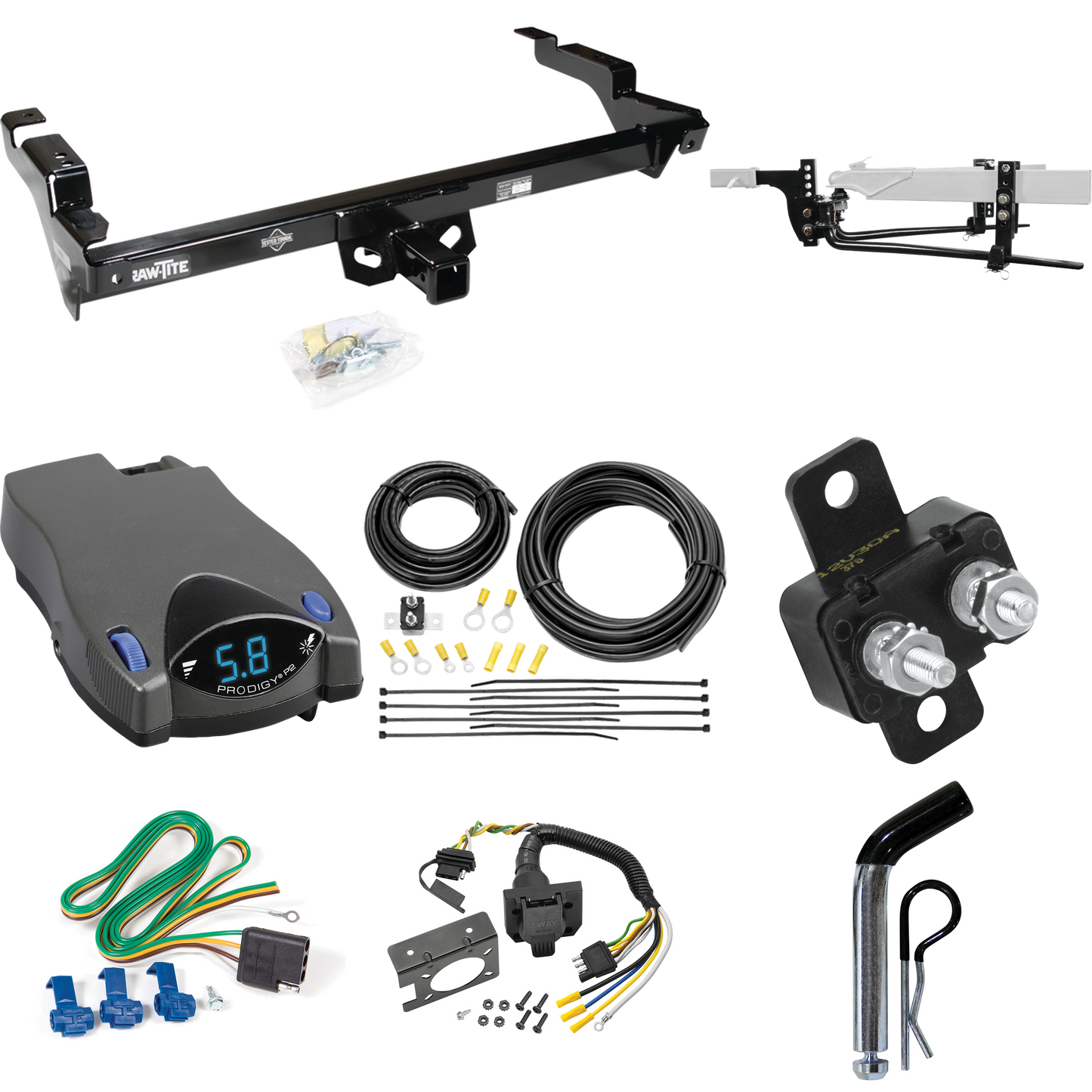 Fits 1979-1995 GMC G3500 Trailer Hitch Tow PKG w/ 11.5K Round Bar Weight Distribution Hitch w/ 2-5/16" Ball + Pin/Clip + Tekonsha Prodigy P2 Brake Control + 7-Way RV Wiring By Draw-Tite