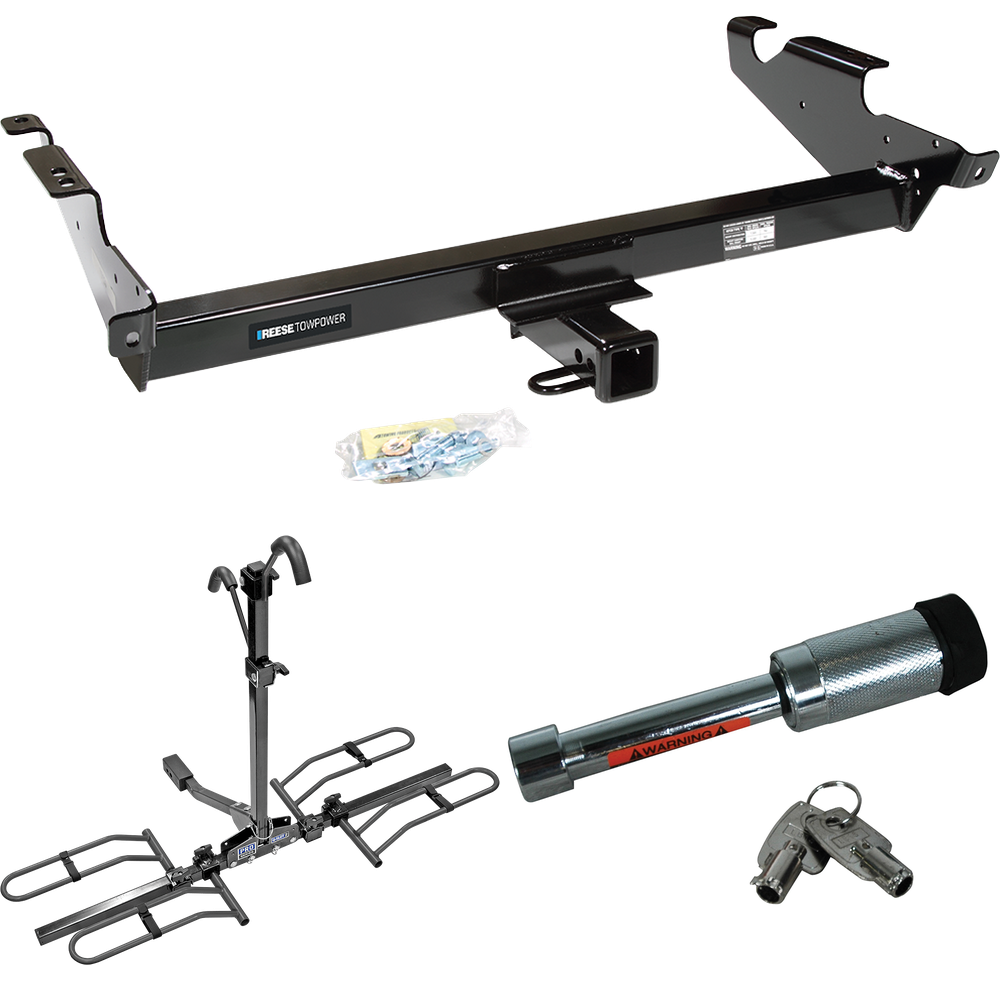 Fits 1996-1996 Chevrolet G30 Trailer Hitch Tow PKG w/ 2 Bike Plaform Style Carrier Rack + Hitch Lock (For Classic & Sport w/Lo-Mount Taillights Models) By Reese Towpower