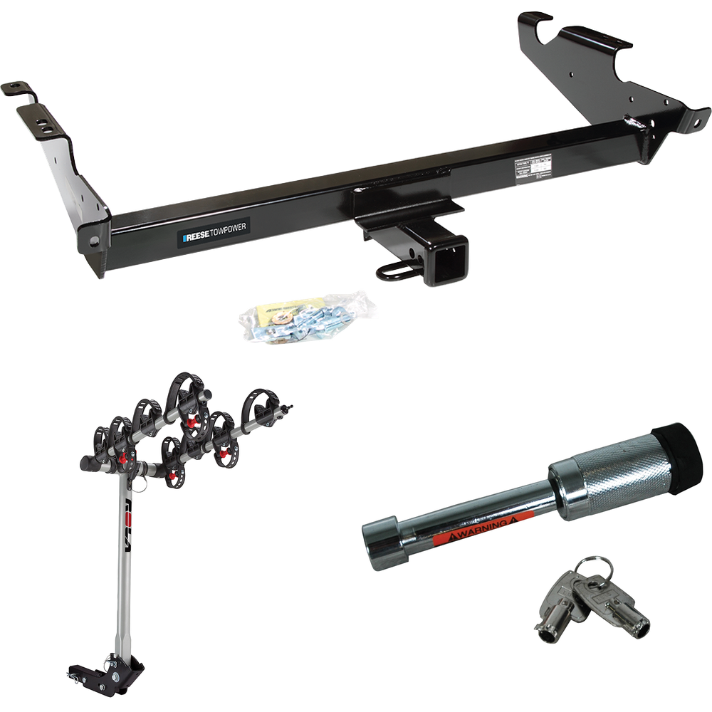 Fits 1996-1996 Chevrolet G30 Trailer Hitch Tow PKG w/ 4 Bike Carrier Rack + Hitch Lock (For Classic & Sport w/Lo-Mount Taillights Models) By Reese Towpower