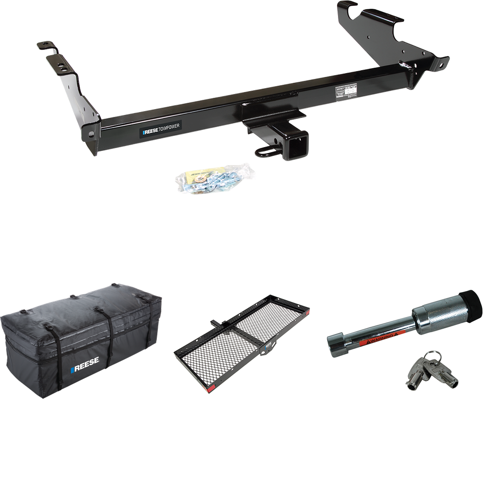 Fits 1996-1996 Chevrolet G30 Trailer Hitch Tow PKG w/ 48" x 20" Cargo Carrier + Cargo Bag + Hitch Lock (For Classic & Sport w/Lo-Mount Taillights Models) By Reese Towpower