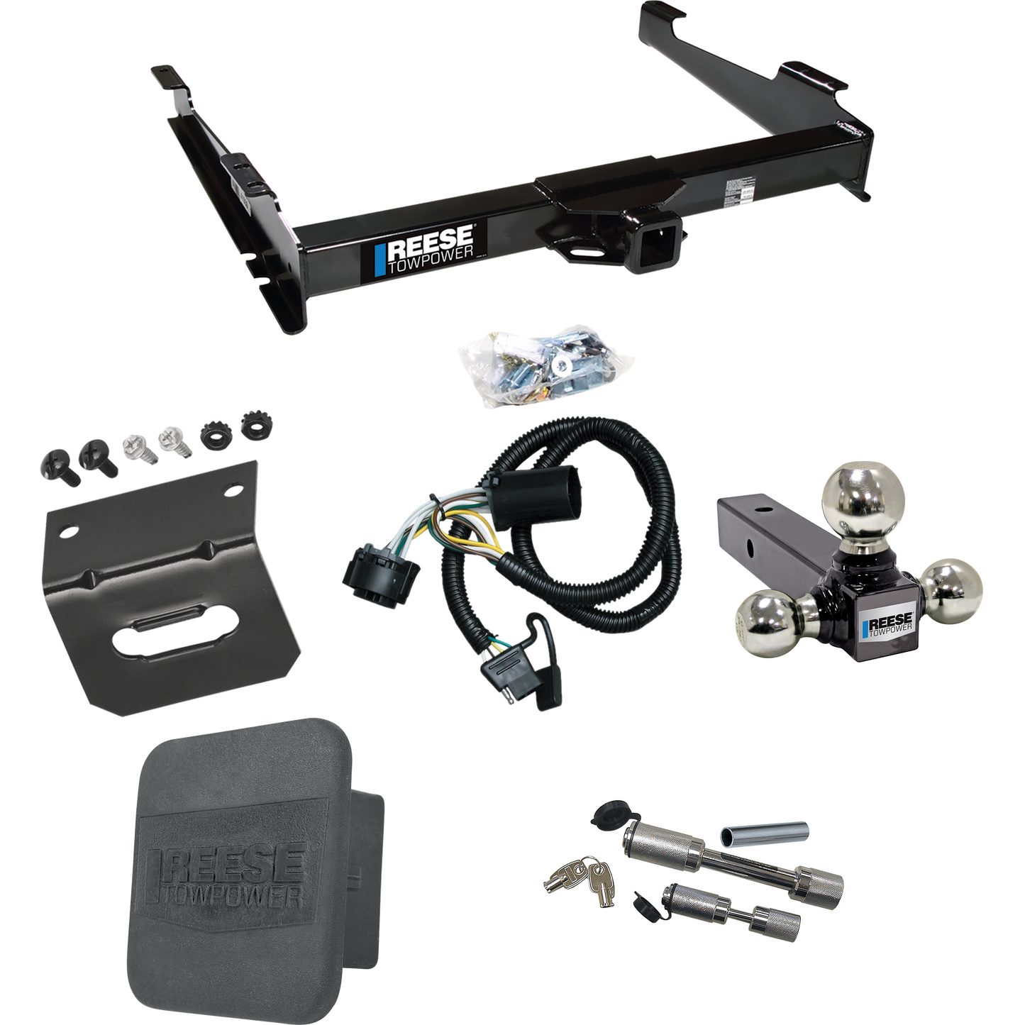 Fits 2000-2006 GMC Yukon XL 1500 Trailer Hitch Tow PKG w/ 4-Flat Wiring Harness + Triple Ball Ball Mount 1-7/8" & 2" & 2-5/16" Trailer Balls + Dual Hitch & Coupler Locks + Hitch Cover + Wiring Bracket By Reese Towpower