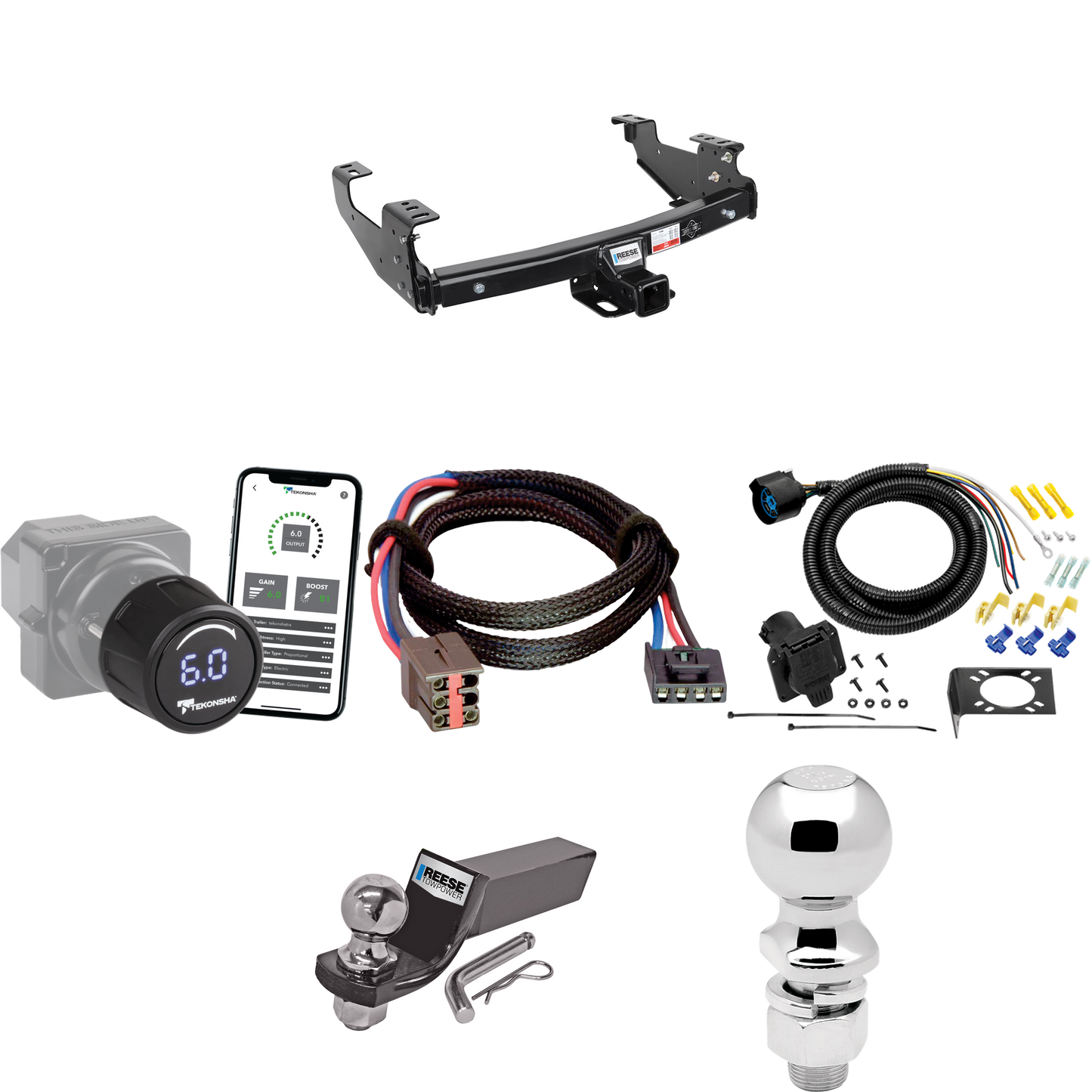 Fits 1997-1997 Ford F-350 Trailer Hitch Tow PKG w/ Tekonsha Prodigy iD Bluetooth Wireless Brake Control + Plug & Play BC Adapter + 7-Way RV Wiring + 2" & 2-5/16" Ball & Drop Mount (For Heavy Duty Models) By Reese Towpower