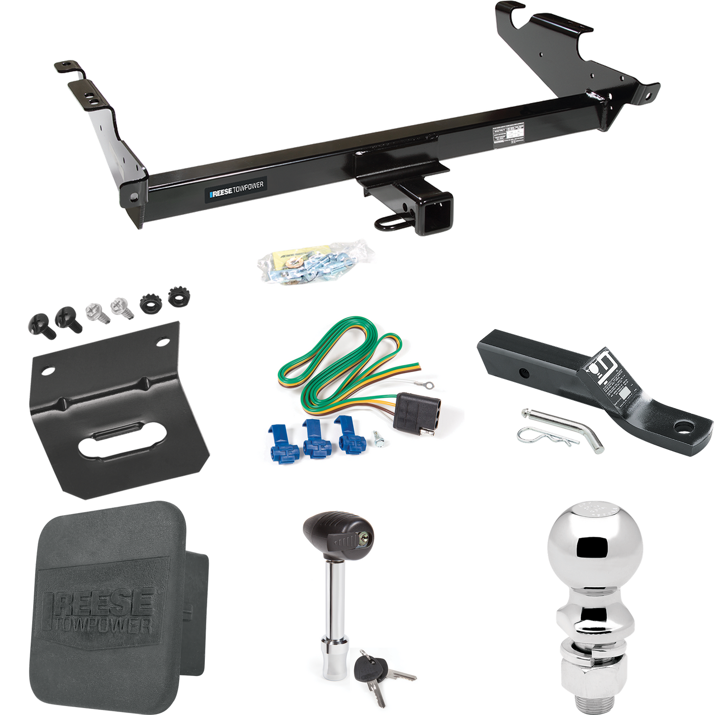 Fits 1978-1995 Chevrolet G10 Trailer Hitch Tow PKG w/ 4-Flat Wiring + Ball Mount w/ 2" Drop + 2-5/16" Ball + Wiring Bracket + Hitch Lock + Hitch Cover By Reese Towpower