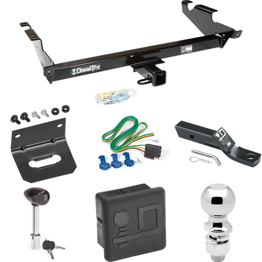 Fits 1979-1995 GMC G3500 Trailer Hitch Tow PKG w/ 4-Flat Wiring + Ball Mount w/ 2" Drop + 2-5/16" Ball + Wiring Bracket + Hitch Lock + Hitch Cover By Draw-Tite