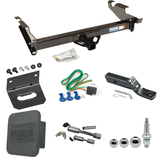 Fits 1979-1995 GMC G2500 Trailer Hitch Tow PKG w/ 4-Flat Wiring + Ball Mount w/ 2" Drop + Interchangeable Ball 1-7/8" & 2" & 2-5/16" + Wiring Bracket + Dual Hitch & Coupler Locks + Hitch Cover By Reese Towpower