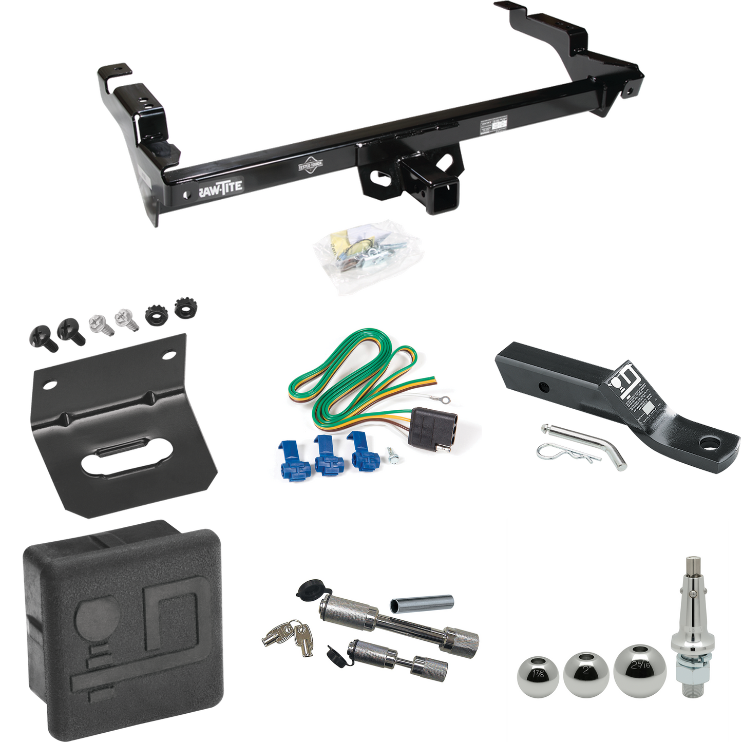 Fits 1979-1995 GMC G2500 Trailer Hitch Tow PKG w/ 4-Flat Wiring + Ball Mount w/ 2" Drop + Interchangeable Ball 1-7/8" & 2" & 2-5/16" + Wiring Bracket + Dual Hitch & Coupler Locks + Hitch Cover By Draw-Tite