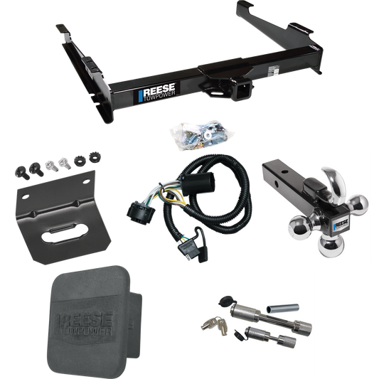 Fits 2001-2002 GMC Yukon XL 1500 Denali Trailer Hitch Tow PKG w/ 4-Flat Wiring Harness + Triple Ball Ball Mount 1-7/8" & 2" & 2-5/16" Trailer Balls w/ Tow Hook + Dual Hitch & Coupler Locks + Hitch Cover + Wiring Bracket By Reese Towpower