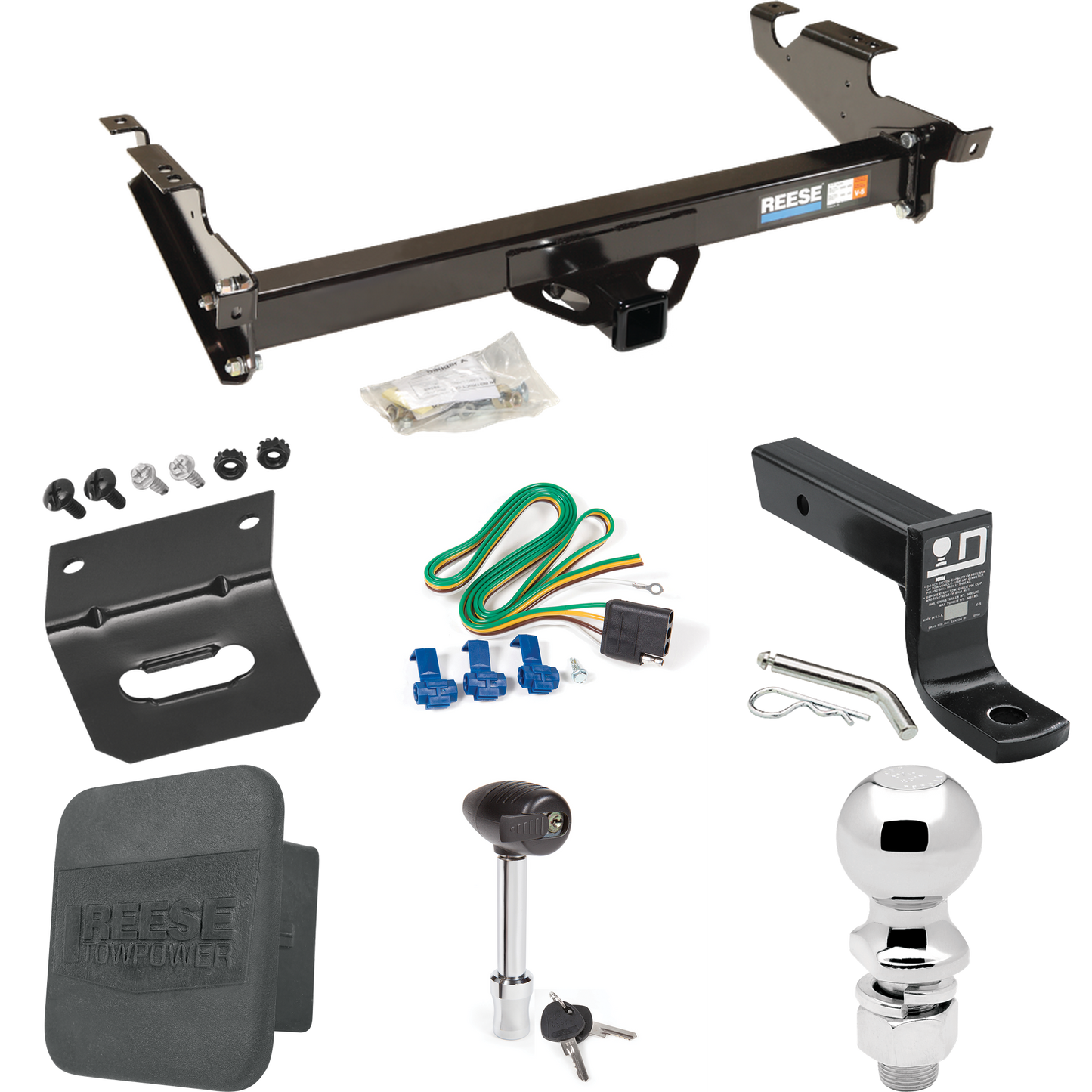 Fits 1996-1996 Chevrolet G30 Trailer Hitch Tow PKG w/ 4-Flat Wiring + Ball Mount w/ 4" Drop + 2-5/16" Ball + Wiring Bracket + Hitch Lock + Hitch Cover (For Classic & Sport w/Lo-Mount Taillights Models) By Reese Towpower