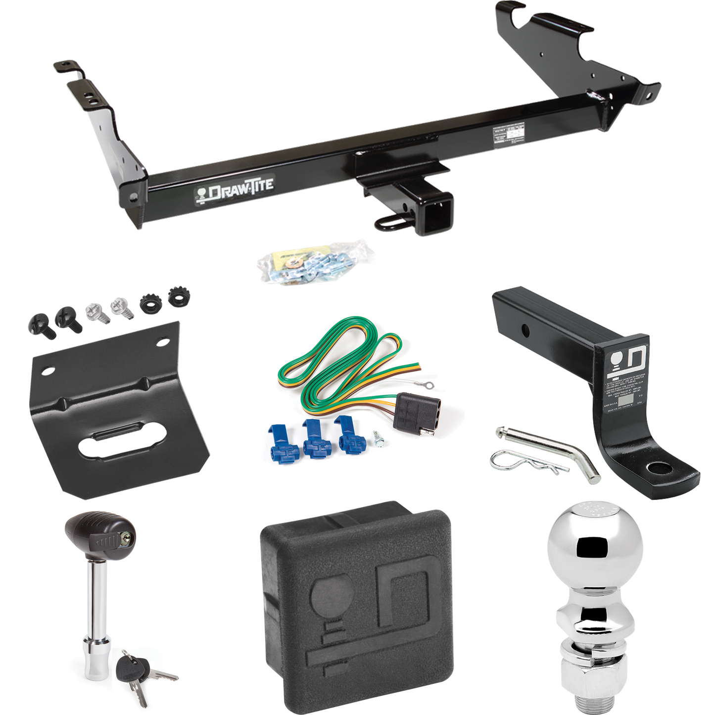 Fits 1979-1995 GMC G2500 Trailer Hitch Tow PKG w/ 4-Flat Wiring + Ball Mount w/ 4" Drop + 2-5/16" Ball + Wiring Bracket + Hitch Lock + Hitch Cover By Draw-Tite