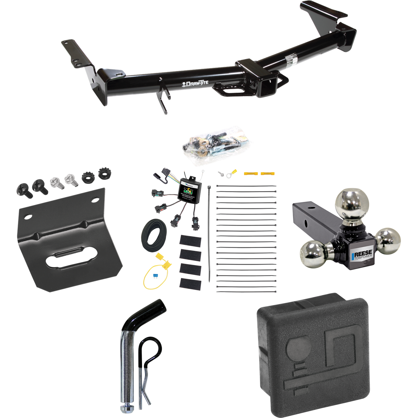 Fits 2007-2009 Toyota 4Runner Trailer Hitch Tow PKG w/ 4-Flat Zero Contact "No Splice" Wiring + Triple Ball Ball Mount 1-7/8" & 2" & 2-5/16" Trailer Balls + Pin/Clip + Wiring Bracket + Hitch Cover By Draw-Tite