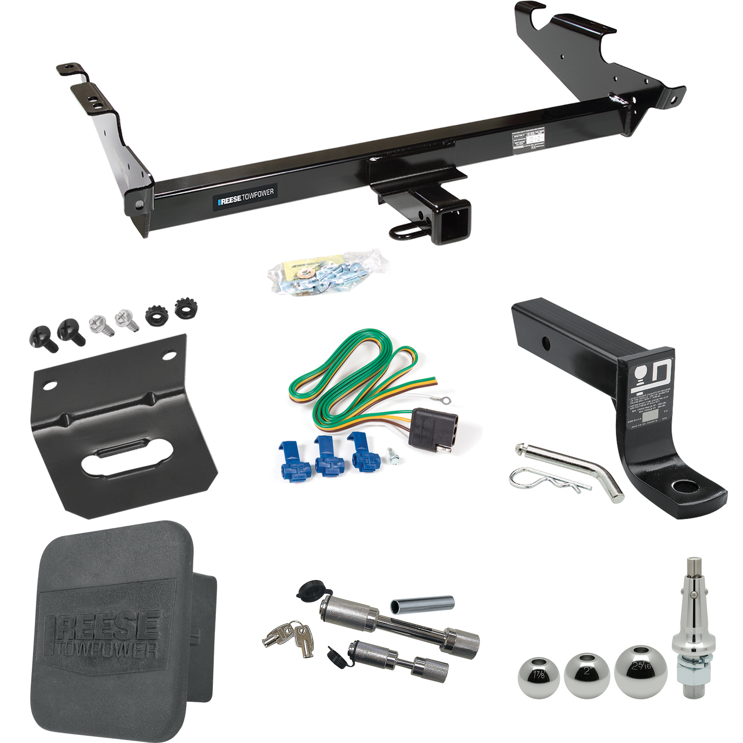 Fits 1978-1995 Chevrolet G20 Trailer Hitch Tow PKG w/ 4-Flat Wiring + Ball Mount w/ 4" Drop + Interchangeable Ball 1-7/8" & 2" & 2-5/16" + Wiring Bracket + Dual Hitch & Coupler Locks + Hitch Cover By Reese Towpower