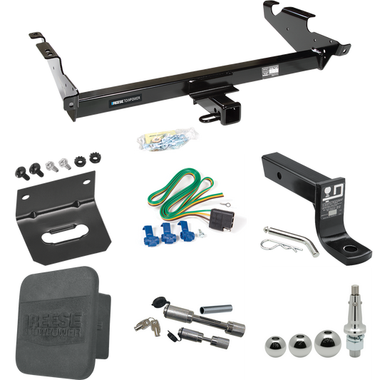 Fits 1978-1995 Chevrolet G20 Trailer Hitch Tow PKG w/ 4-Flat Wiring + Ball Mount w/ 4" Drop + Interchangeable Ball 1-7/8" & 2" & 2-5/16" + Wiring Bracket + Dual Hitch & Coupler Locks + Hitch Cover By Reese Towpower