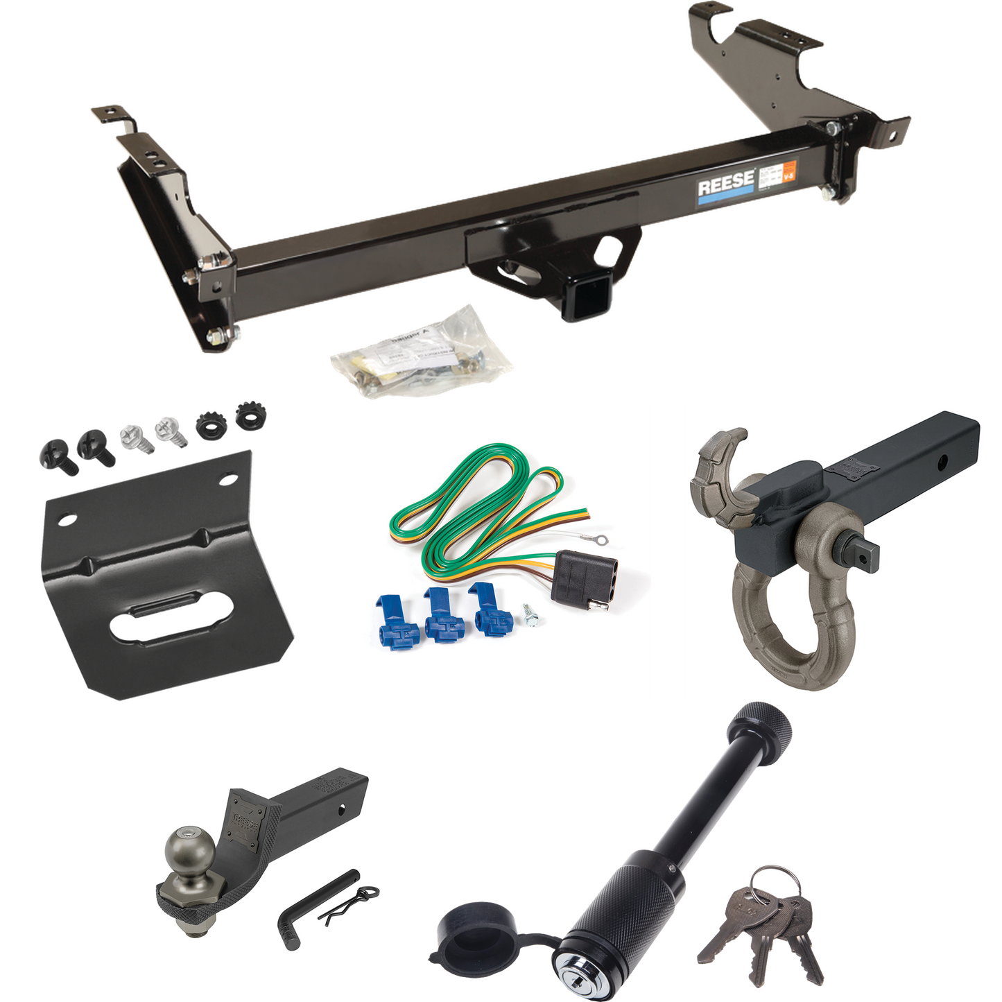 Fits 1996-1996 GMC G3500 Trailer Hitch Tow PKG w/ 4-Flat Wiring + Interlock Tactical Starter Kit w/ 2" Drop & 2" Ball + Tactical Hook & Shackle Mount + Tactical Dogbone Lock + Wiring Bracket (For Vandura & Rally w/Lo-Mount Taillights Models) By Reese