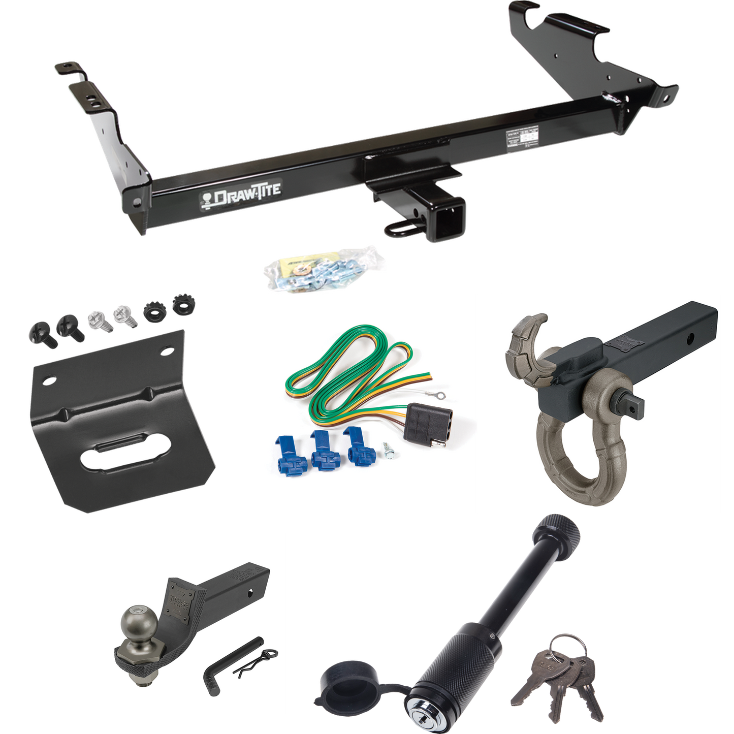 Fits 1978-1995 Chevrolet G20 Trailer Hitch Tow PKG w/ 4-Flat Wiring + Interlock Tactical Starter Kit w/ 2" Drop & 2" Ball + Tactical Hook & Shackle Mount + Tactical Dogbone Lock + Wiring Bracket By Draw-Tite