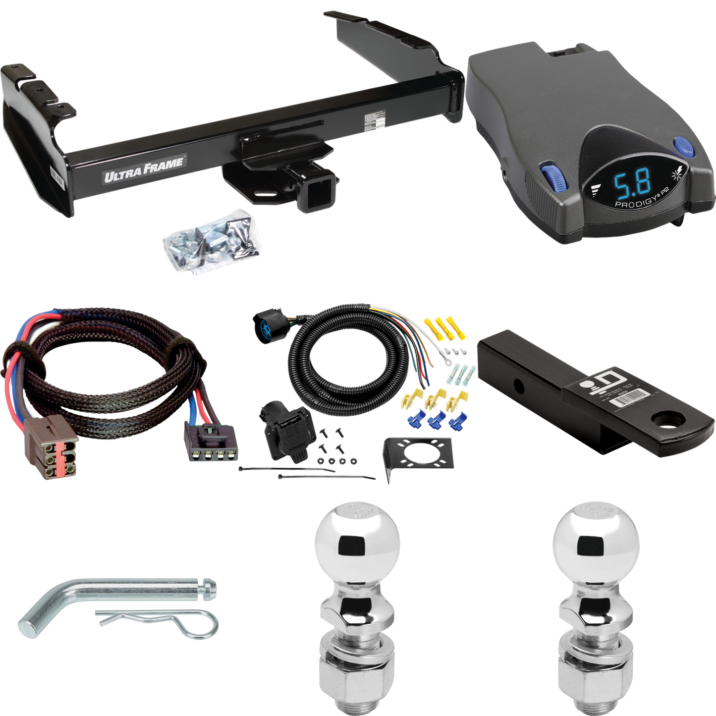 Fits 1994-1996 Ford F-150 Trailer Hitch Tow PKG w/ Tekonsha Prodigy P2 Brake Control + Plug & Play BC Adapter + 7-Way RV Wiring + 2" & 2-5/16" Ball & Drop Mount By Draw-Tite