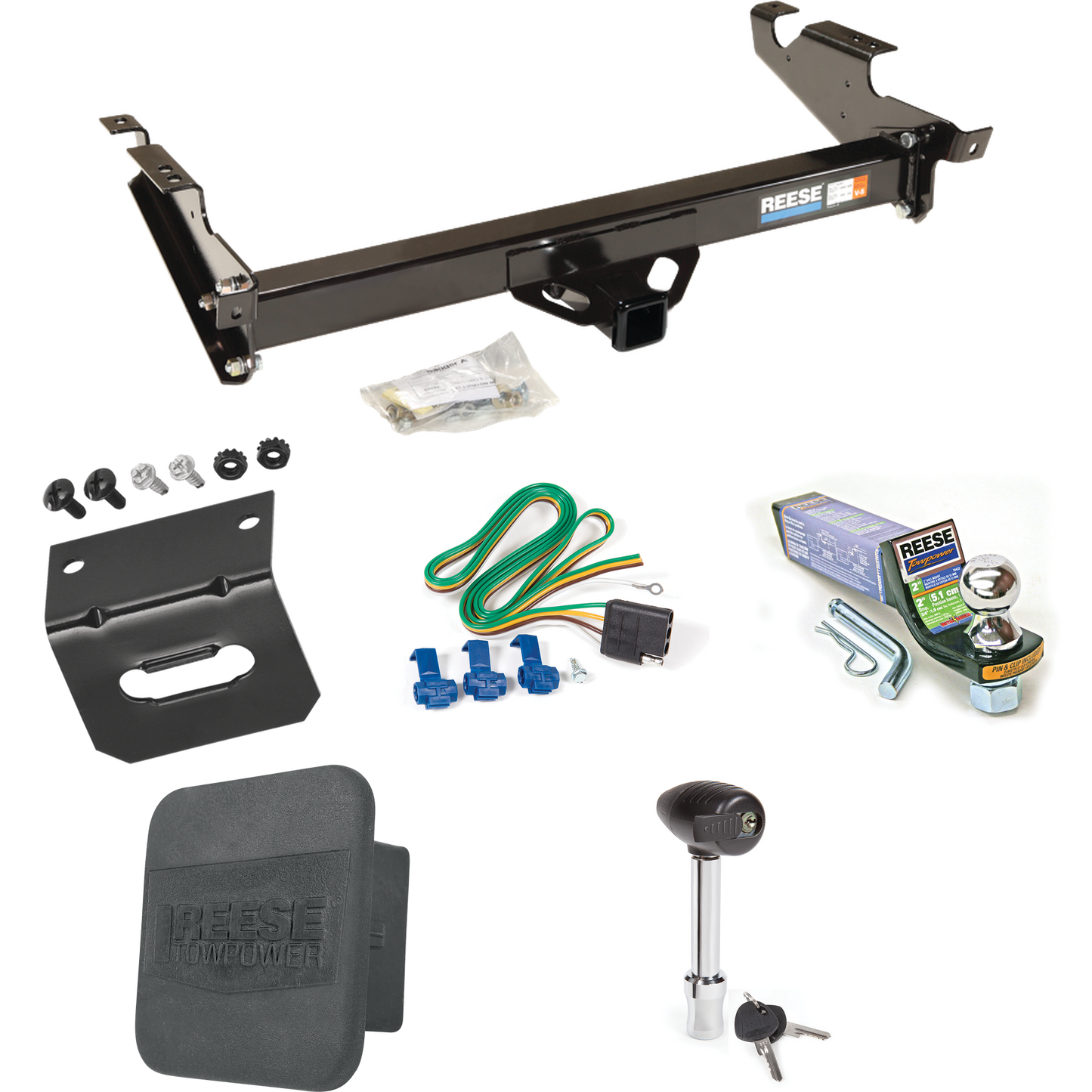 Fits 1996-1996 Chevrolet G30 Trailer Hitch Tow PKG w/ 4-Flat Wiring + Starter Kit Ball Mount w/ 2" Drop & 1-7/8" Ball + Wiring Bracket + Hitch Lock + Hitch Cover (For Classic & Sport w/Lo-Mount Taillights Models) By Reese Towpower