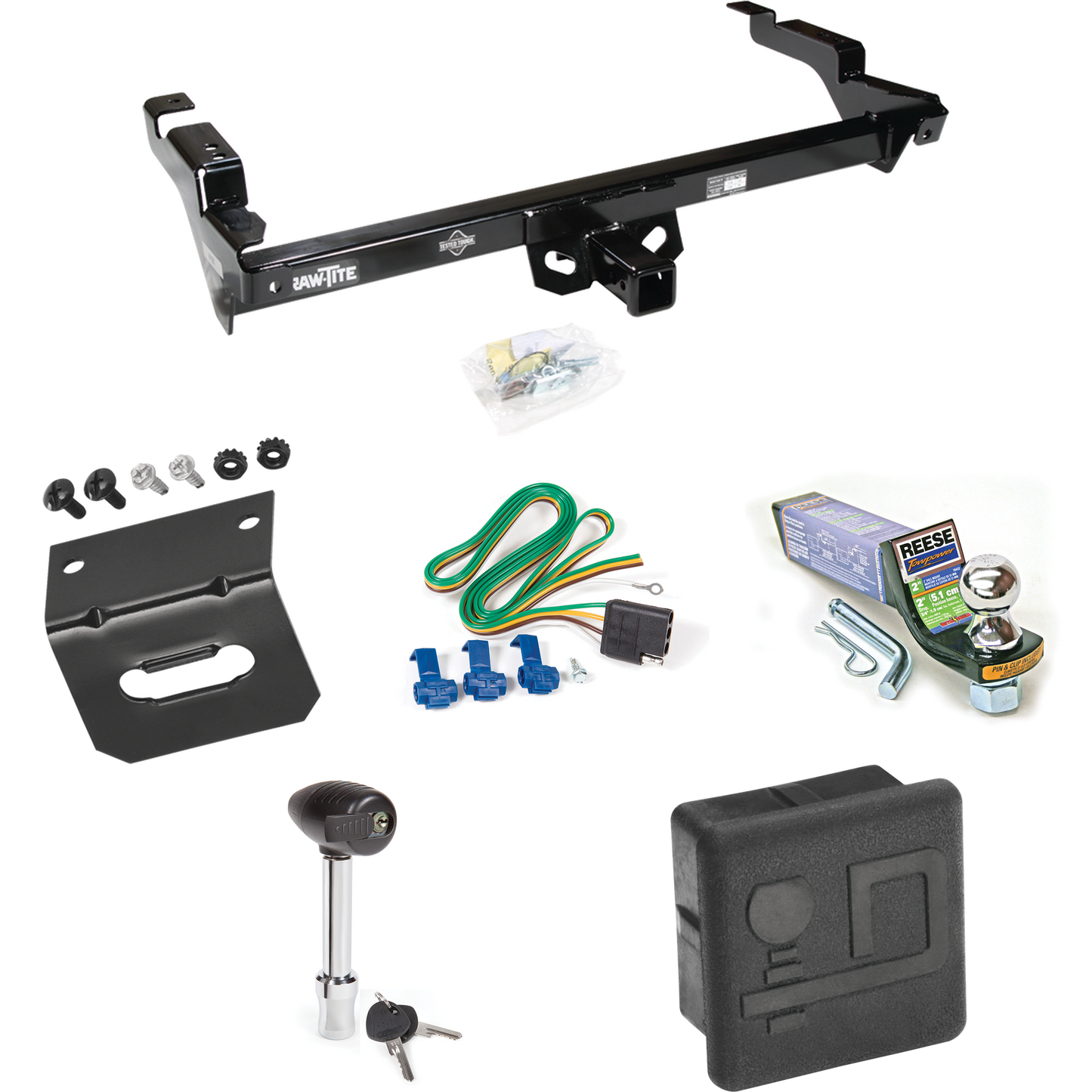 Fits 1978-1995 Chevrolet G20 Trailer Hitch Tow PKG w/ 4-Flat Wiring + Starter Kit Ball Mount w/ 2" Drop & 1-7/8" Ball + Wiring Bracket + Hitch Lock + Hitch Cover By Draw-Tite