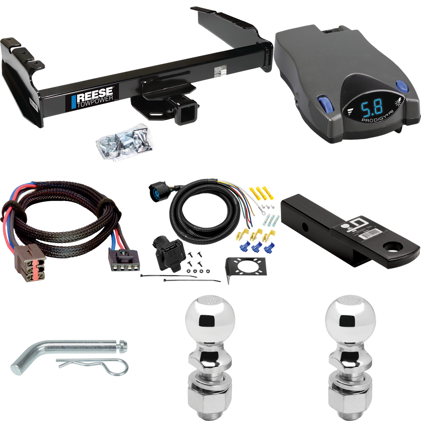 Fits 1994-1996 Ford F-250 Trailer Hitch Tow PKG w/ Tekonsha Prodigy P2 Brake Control + Plug & Play BC Adapter + 7-Way RV Wiring + 2" & 2-5/16" Ball & Drop Mount By Reese Towpower