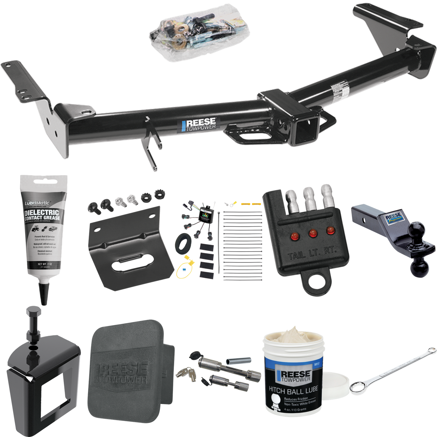 Fits 2007-2009 Toyota 4Runner Trailer Hitch Tow PKG w/ 4-Flat Zero Contact "No Splice" Wiring + Dual Ball Ball Mount 1-7/8" & 2" Trailer Balls + Wiring Bracket + Hitch Cover + Dual Hitch & Coupler Locks + Wiring Tester + Ball Lube + Electric Grease +