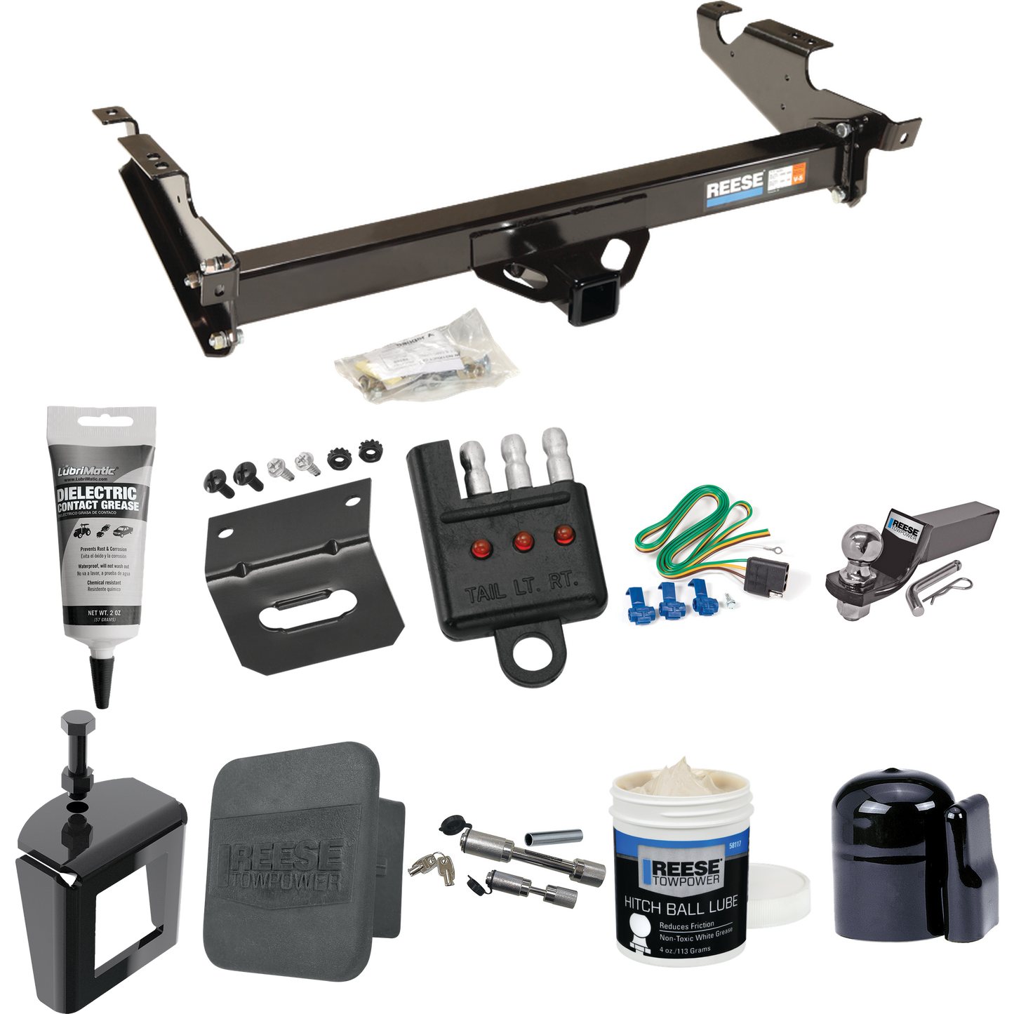 Fits 1978-1995 Chevrolet G30 Trailer Hitch Tow PKG w/ 4-Flat Wiring + Starter Kit Ball Mount w/ 2" Drop & 2" Ball + 1-7/8" Ball + Wiring Bracket + Dual Hitch & Coupler Locks + Hitch Cover + Wiring Tester + Ball Lube + Electric Grease + Ball Wrench +