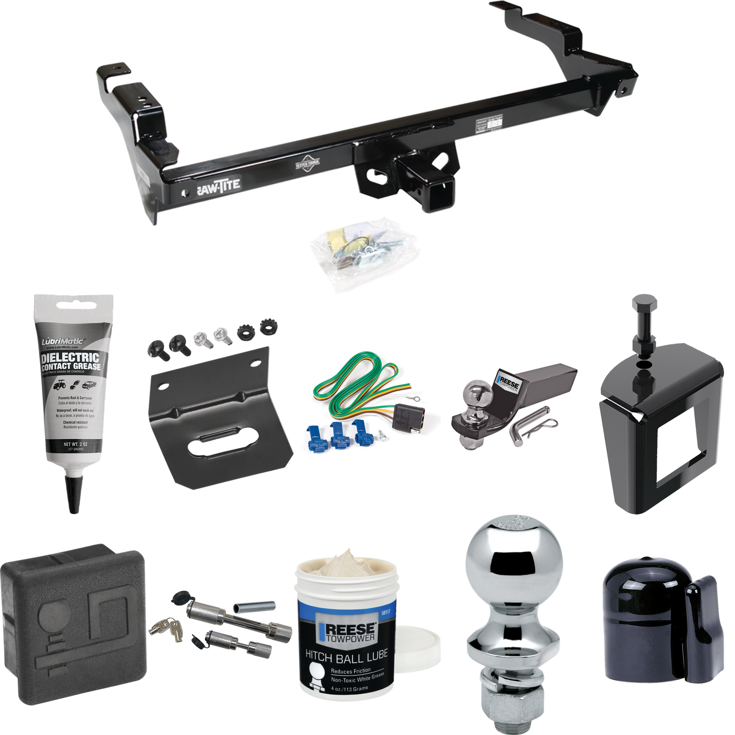 Fits 1978-1995 Chevrolet G30 Trailer Hitch Tow PKG w/ 4-Flat Wiring + Starter Kit Ball Mount w/ 2" Drop & 2" Ball + 1-7/8" Ball + Wiring Bracket + Dual Hitch & Coupler Locks + Hitch Cover + Wiring Tester + Ball Lube +Electric Grease + Ball Wrench + A