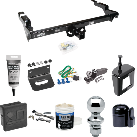 Fits 1978-1995 Chevrolet G30 Trailer Hitch Tow PKG w/ 4-Flat Wiring + Starter Kit Ball Mount w/ 2" Drop & 2" Ball + 1-7/8" Ball + Wiring Bracket + Dual Hitch & Coupler Locks + Hitch Cover + Wiring Tester + Ball Lube +Electric Grease + Ball Wrench + A