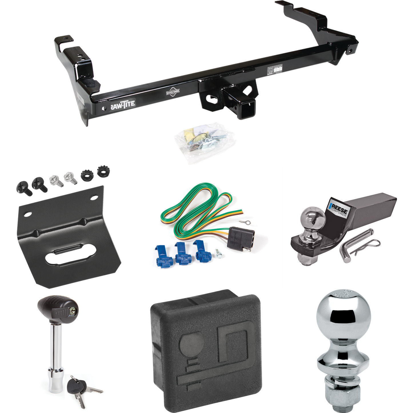 Fits 1979-1995 GMC G3500 Trailer Hitch Tow PKG w/ 4-Flat Wiring + Starter Kit Ball Mount w/ 2" Drop & 2" Ball + 1-7/8" Ball + Wiring Bracket + Hitch Lock + Hitch Cover By Draw-Tite