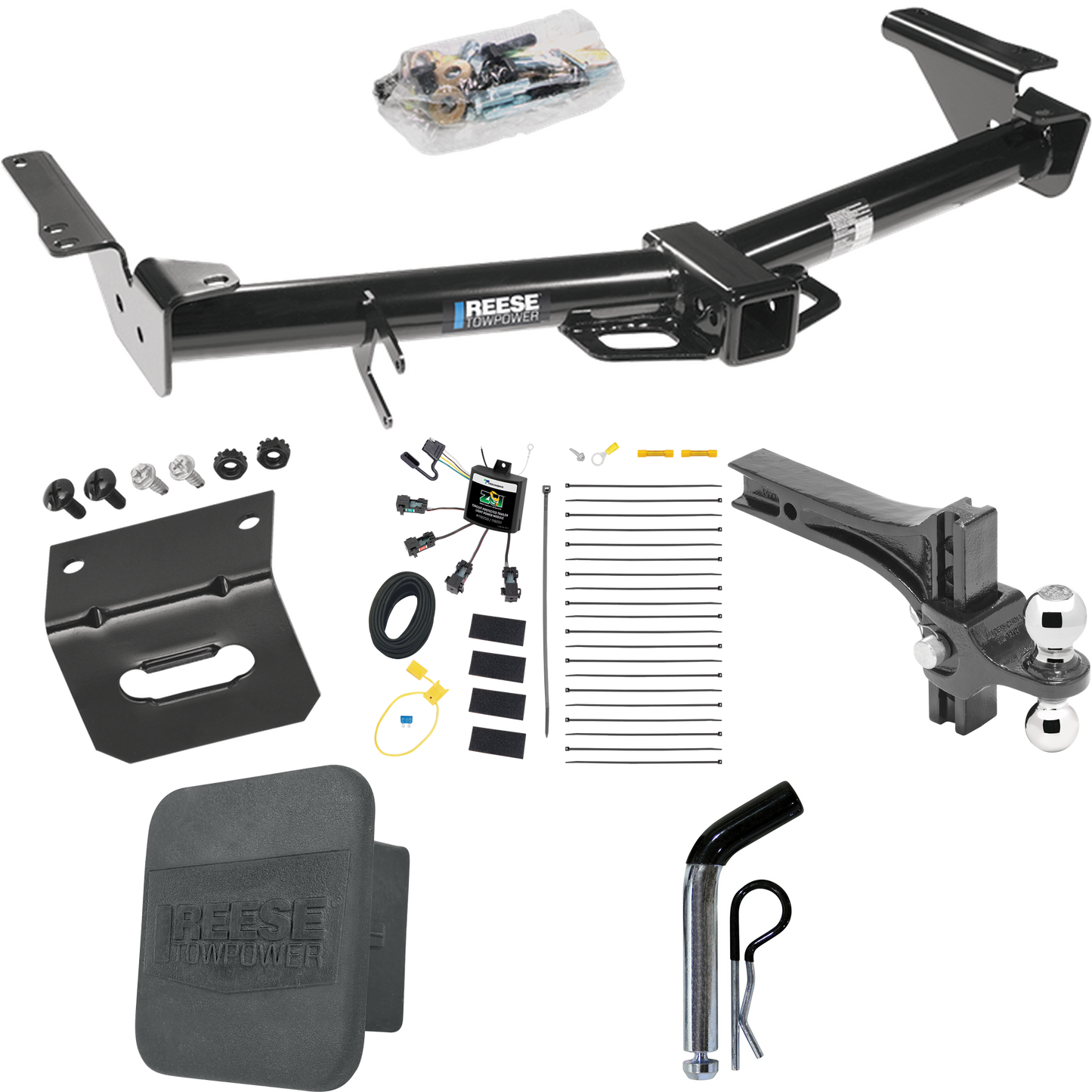 Fits 2003-2009 Lexus GX470 Trailer Hitch Tow PKG w/ 4-Flat Zero Contact "No Splice" Wiring + Dual Adjustable Drop Rise Ball Ball Mount 2" & 2-5/16" Trailer Balls + Pin/Clip + Wiring Bracket + Hitch Cover By Reese Towpower