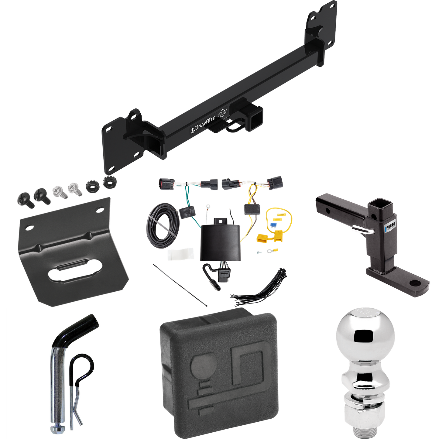 Fits 2018-2022 Land Rover Range Rover Velar Trailer Hitch Tow PKG w/ 4-Flat Wiring + Adjustable Drop Rise Ball Mount + Pin/Clip + 2-5/16" Ball + Wiring Bracket + Hitch Cover By Draw-Tite