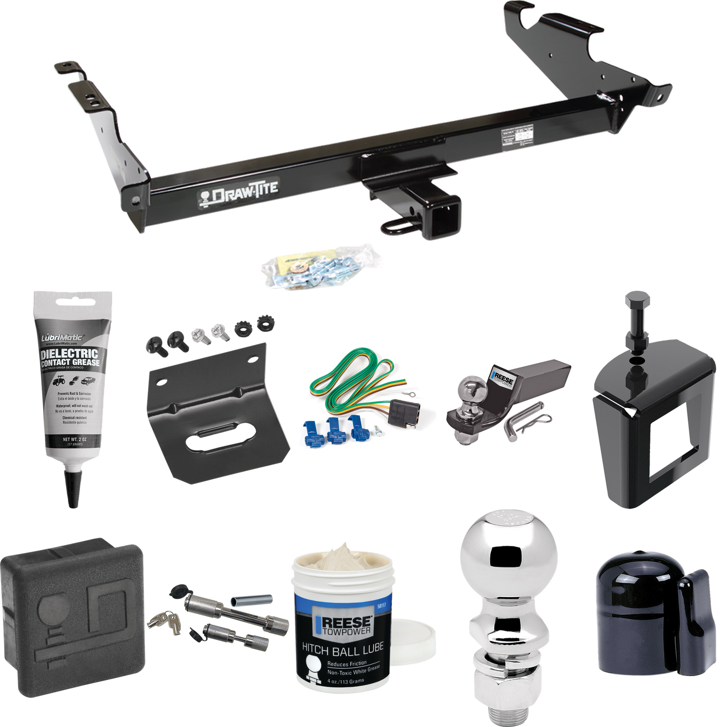 Fits 1979-1995 GMC G1500 Trailer Hitch Tow PKG w/ 4-Flat Wiring + Starter Kit Ball Mount w/ 2" Drop & 2" Ball + 2-5/16" Ball + Wiring Bracket + Dual Hitch & Coupler Locks + Hitch Cover + Wiring Tester + Ball Lube +Electric Grease + Ball Wrench + Anti